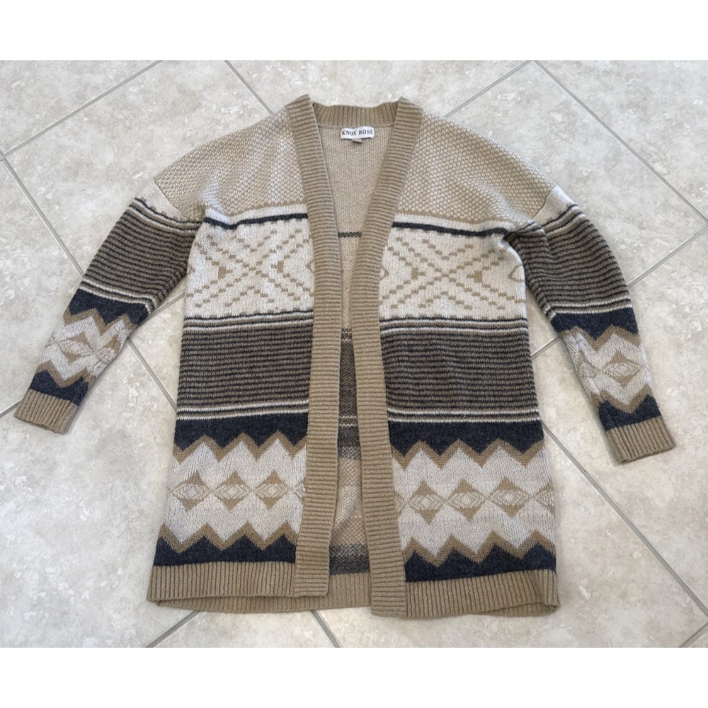 Knox Rose Women's Sz M Brown Aztec Southwestern Open Front Cardigan Sweater